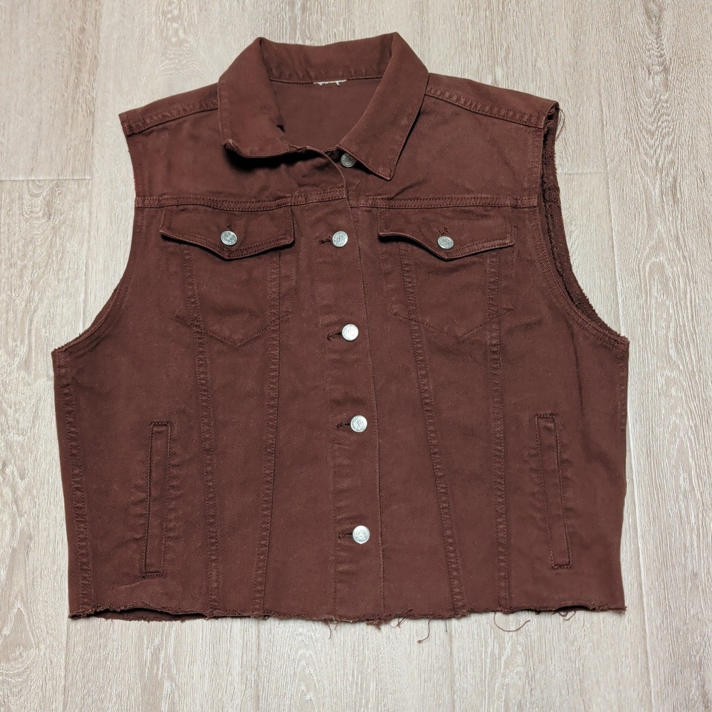 Vintage 90s Brown Denim Vest Womens XL‎ Distressed Raw Hem Trucker Biker Style